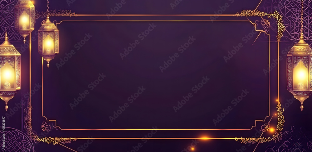 Fototapete a radiant dark purple background design illuminated with golden islamic patterns and lanterns hangin