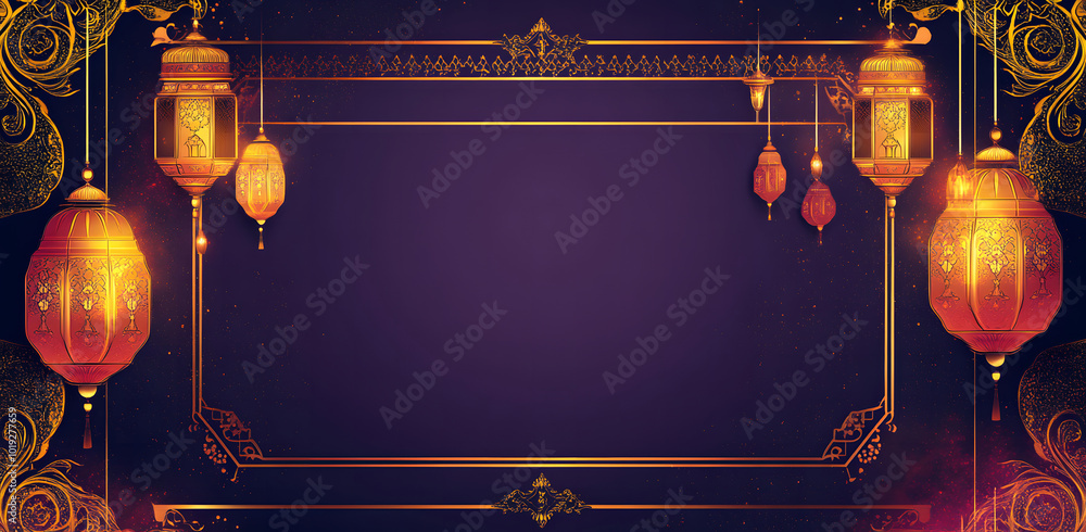 Poster a radiant dark purple background design illuminated with golden islamic patterns and lanterns hangin