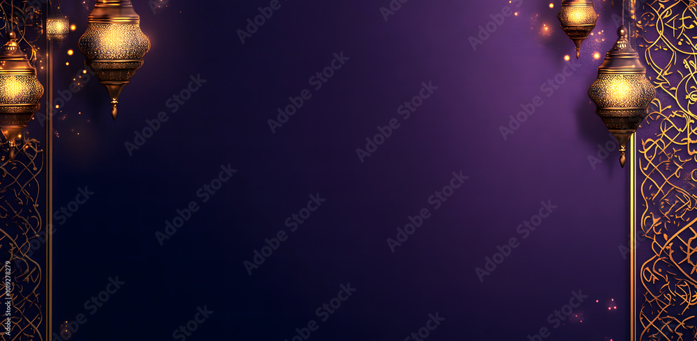 Fototapete a radiant dark purple background design illuminated with golden islamic patterns and lanterns hangin