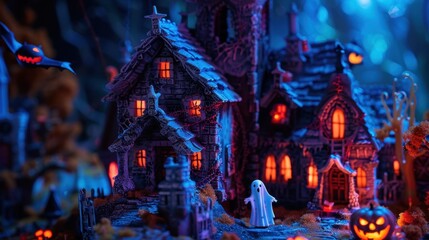 Fototapeta premium Spooky Halloween Scene with Ghost and Haunted House