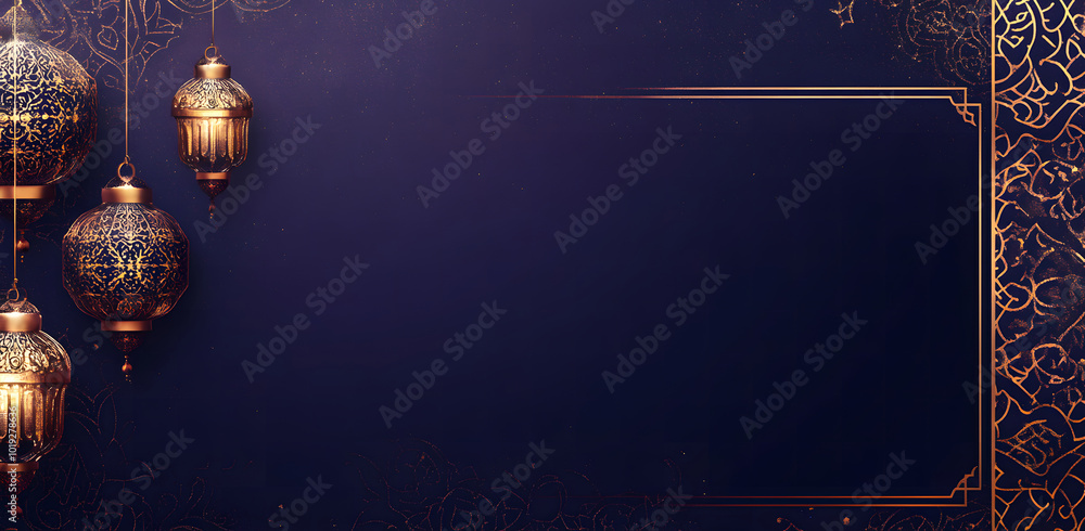 Poster a radiant dark purple background design illuminated with golden islamic patterns and lanterns hangin