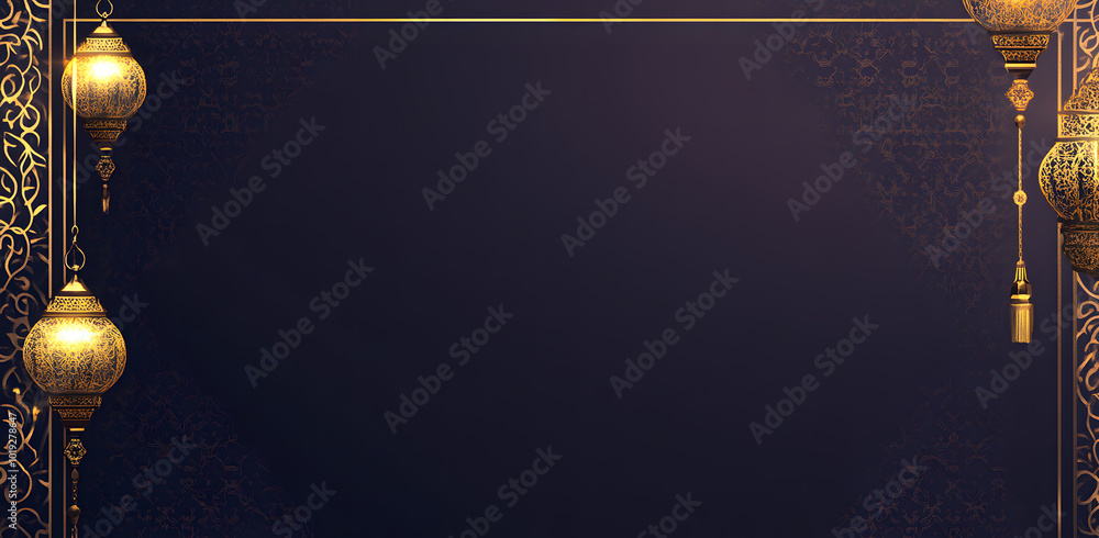 Fototapete a radiant dark purple background design illuminated with golden islamic patterns and lanterns hangin