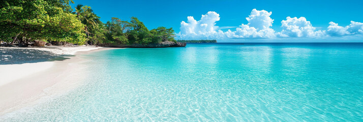 Obraz premium A pristine, white sand beach with crystal clear turquoise water and lush green trees lining the shore.