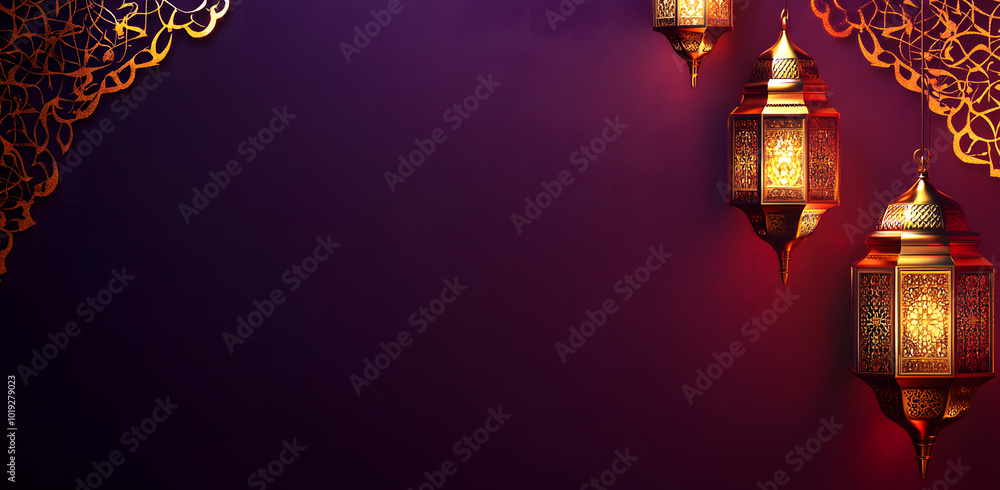Poster a radiant dark purple background design illuminated with golden islamic patterns and lanterns hangin