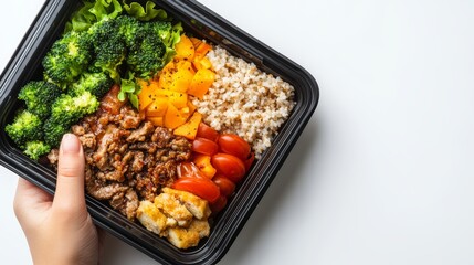 Hand presenting a healthy meal prep box for a busy lifestyle initiative on isolated pure white background demonstrating how to maintain nutritious eating habits while on the go