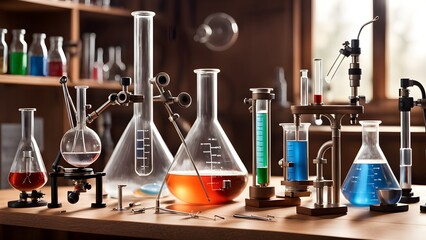 A variety of laboratory glassware containing colorful liquids sits on a wooden table, with shelves of additional glassware visible in the background.