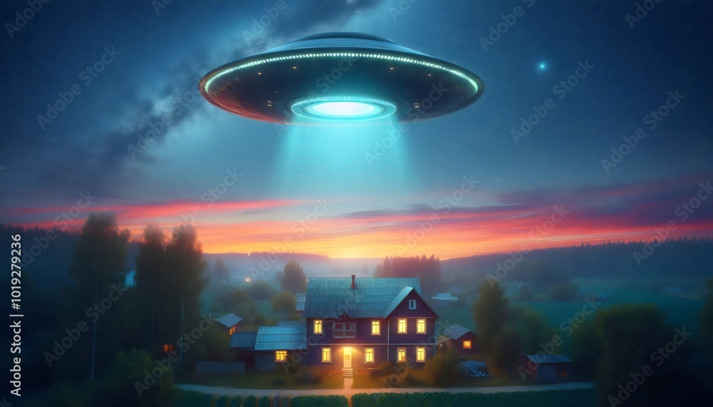 Wall mural ufo sobre una vivienda