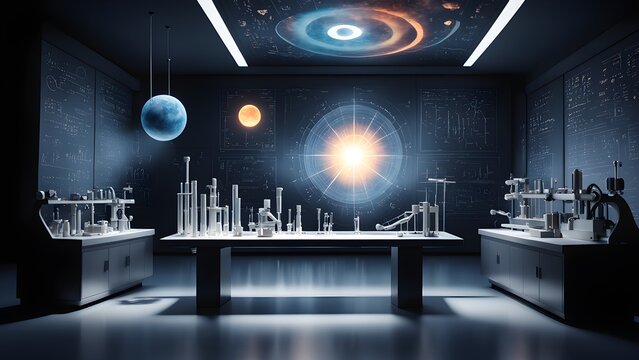 A futuristic science laboratory with a holographic display of a distant galaxy above a long table with scientific equipment.