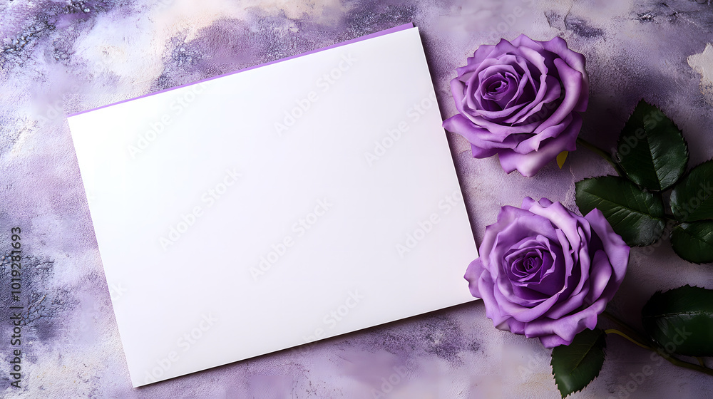 Fototapete a purple rose card with a blank white background design. the card stands on the table, open and fold