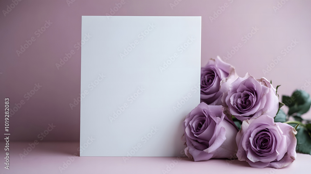 Fototapete a purple rose card with a blank white background design. the card stands on the table, open and fold