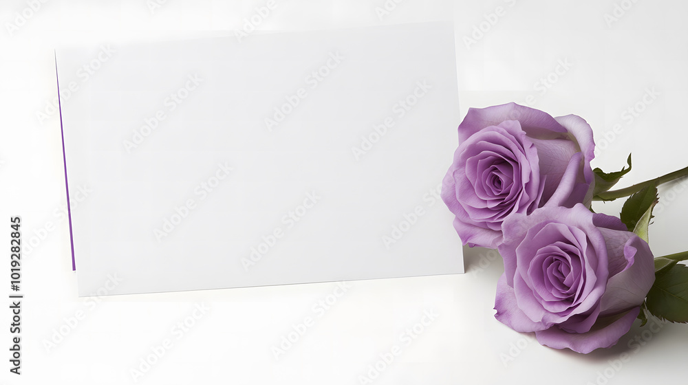Fototapete a purple rose card with a blank white background design. the card stands on the table, open and fold