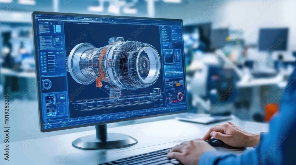 Poster high-tech design of mechanical engine on computer screen