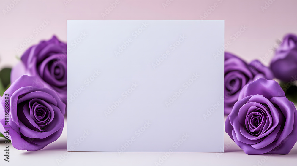 Fototapete a purple rose card with a blank white background design. the card stands on the table, open and fold
