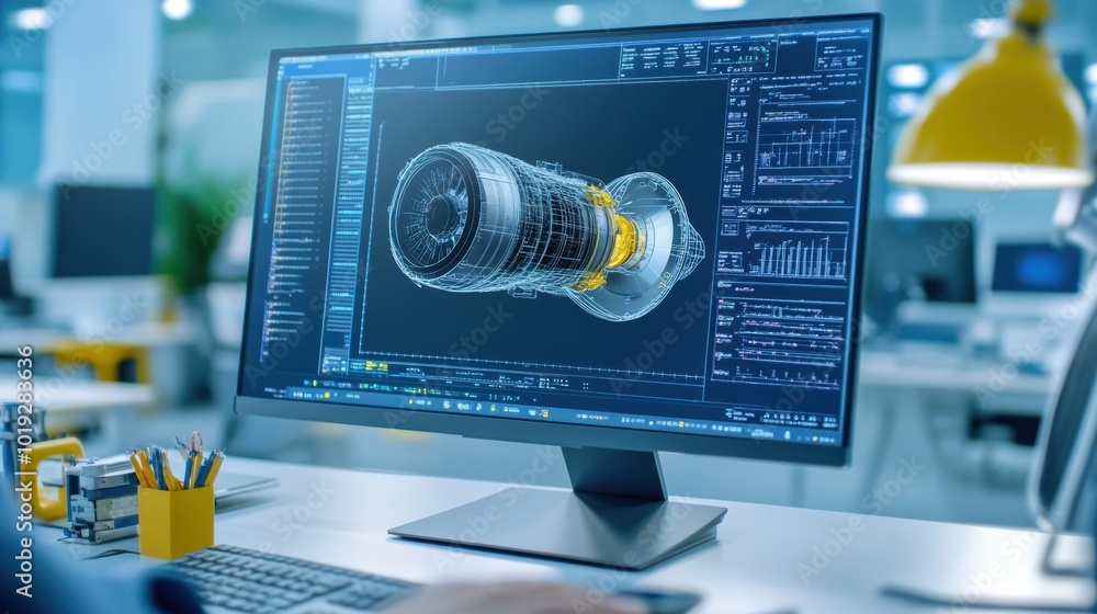Poster modern computer displaying 3d engineering model