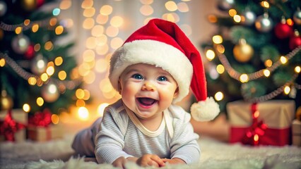 A joyful baby wearing a Santa Claus costume sits in front of a beautifully lit Christmas tree. The baby is smiling widely, embodying the festive spirit of Christmas in a cozy, holiday-themed setting.