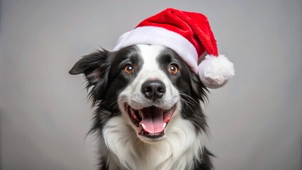 Fototapeta premium A beautiful Border Collie dog poses in front of colorful Christmas lights, creating a festive and heartwarming holiday scene. The dog's expressive eyes and focused gaze capture the holiday spirit.