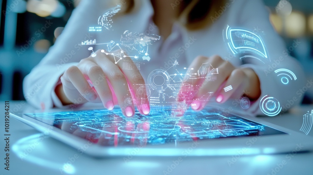 Poster futuristic technology interaction with touchscreen device