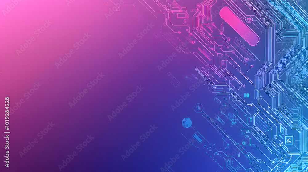 Poster a background design with a blue and purple gradient color, with circuit board elements in the foregr