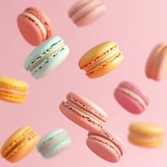 A colorful assortment of floating macarons against a pink background, showcasing their vibrant hues and textures.