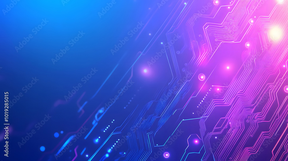 Poster a background design with a blue and purple gradient color, with circuit board elements in the foregr