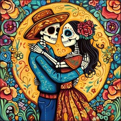 Fototapeta premium A vibrant depiction of two skeletons embracing, surrounded by colorful flowers and patterns, celebrating life and love.