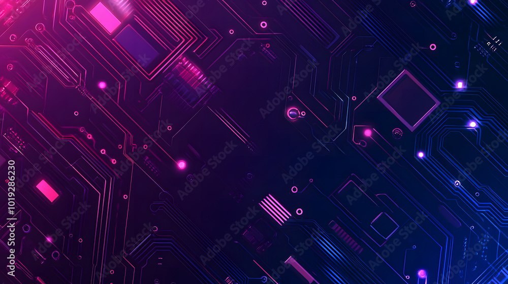 Poster a background design with a blue and purple gradient color, with circuit board elements in the foregr