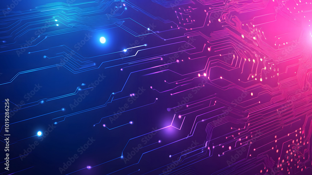 Poster a background design with a blue and purple gradient color, with circuit board elements in the foregr