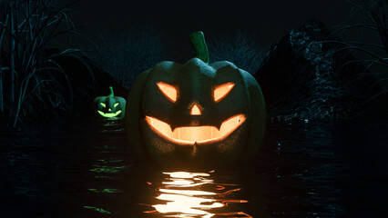 A Scene With A Swamp And Creepy Pumpkins With Lights Floating On Black Water. Horror Atmosphere Without People. Scary Halloween Style. Modern 3D Illustration