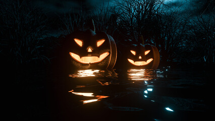 A Scene With Orange Creepy Pumpkins Floating On The Black Water. Horror Atmosphere Without People. Scary Halloween Creative Style. Modern 4K Resolution. Modern 3D Illustration
