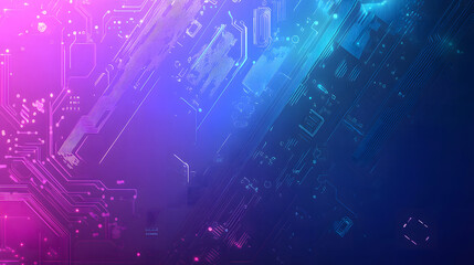 A background design with a blue and purple gradient color, with circuit board elements in the foreground desi, glowing lights, a technology theme, a vector illustration style design, and a flat design