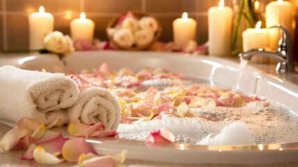 Relaxing Spa Bath with Candles and Flower Petals