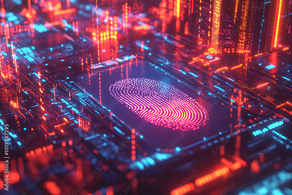 Poster a biometric authentication technology concept design with a digital fingerprint and security data on