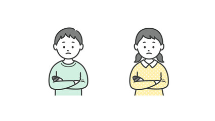 腕を組んで考え込む少年少女の上半身イラスト