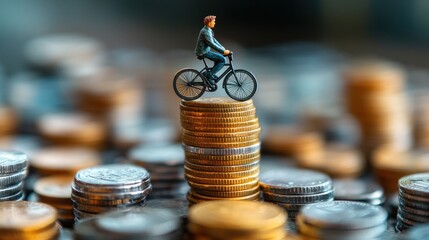 Miniature model riding a bicycle on a pile of neatly arranged coins, the concept of maintaining health and finances to remain stable and balanced