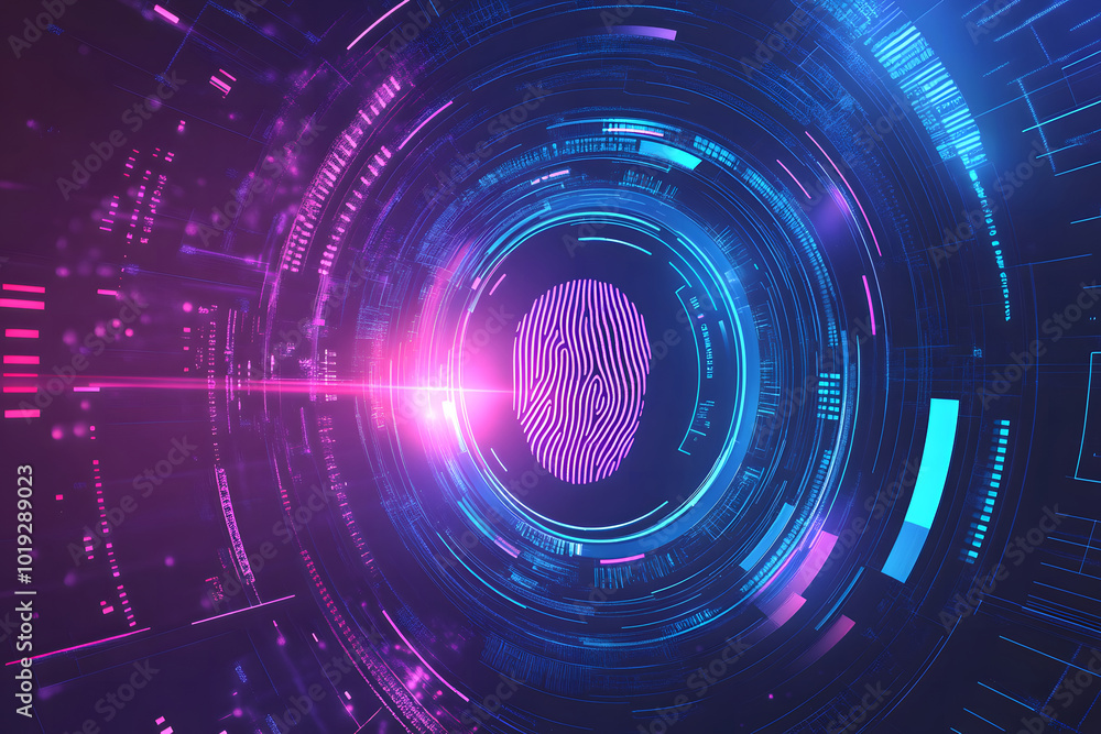 Poster a biometric authentication technology concept design with a digital fingerprint and security data on