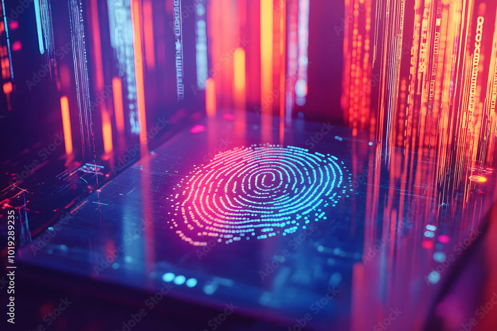 Poster a biometric authentication technology concept design with a digital fingerprint and security data on