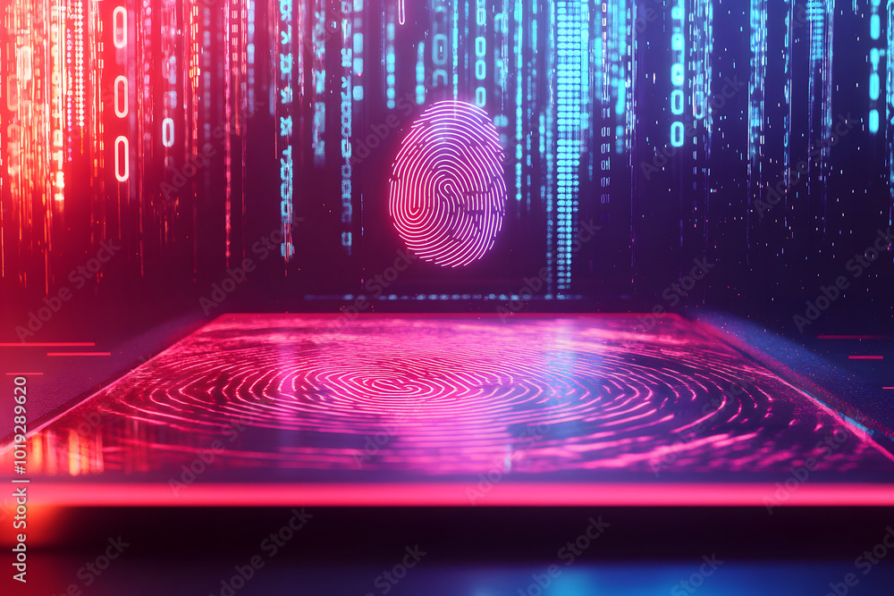 Poster a biometric authentication technology concept design with a digital fingerprint and security data on