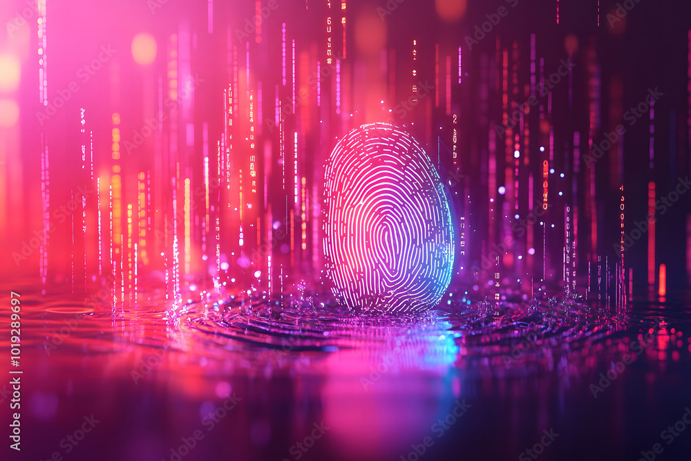 Poster a biometric authentication technology concept design with a digital fingerprint and security data on