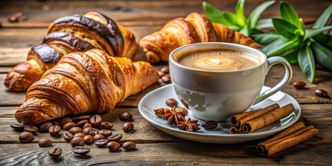 Aromatic coffee with a touch of cinnamon and star anise, accompanied by freshly baked croissants and scattered coffee beans on a rustic wooden surface.
