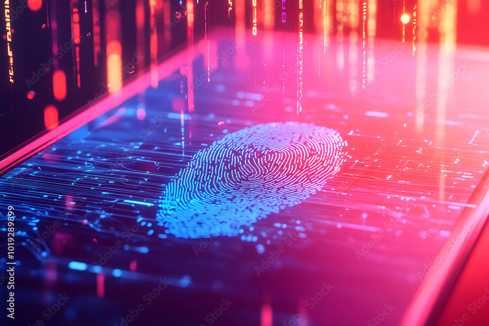Poster a biometric authentication technology concept design with a digital fingerprint and security data on