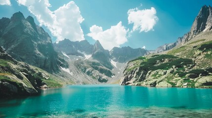 Breathtaking mountain lake surrounded by rugged snow capped peaks and lush verdant vegetation  The crystal clear turquoise waters reflect the serene picturesque environment creating a stunning