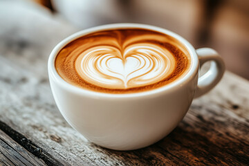 Hot coffee latte with intricate heart shaped foam art in a white cup, placed on a rustic wooden table. Concept of coffee art, barista skills, warm beverages, and cozy morning.