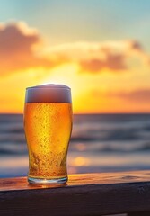 A frosty glass of golden bubbly beer set against a picturesque sunset over the ocean reflecting a serene and relaxing summer scene
