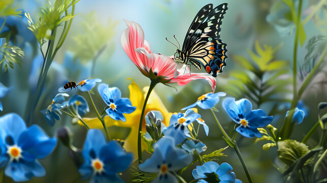 Fototapeta butterfly on a flower,flowers in full bloom, including a bright pink cosmos, blue forget-me-nots, and a yellow tulip, all set against a gradient green to blue background