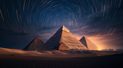 A long-exposure shot of the pyramids under the night sky with star trails creating a dynamic celestial effect.