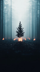A single pine tree stands tall amidst a forest scorched by fire.