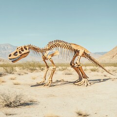 A dinosaur skeleton displayed in a desert landscape, showcasing paleontological significance and artistic interpretation.