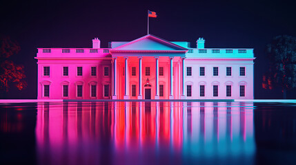 Naklejka premium 3D render of the White House, minimalistic, blue and pink gradient background
