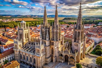 Aerial view of Burgos Gothic Cathedral showing tiered walls, windows, and spires