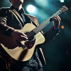 A musician performing on stage, playing an acoustic guitar with a spotlight shining.